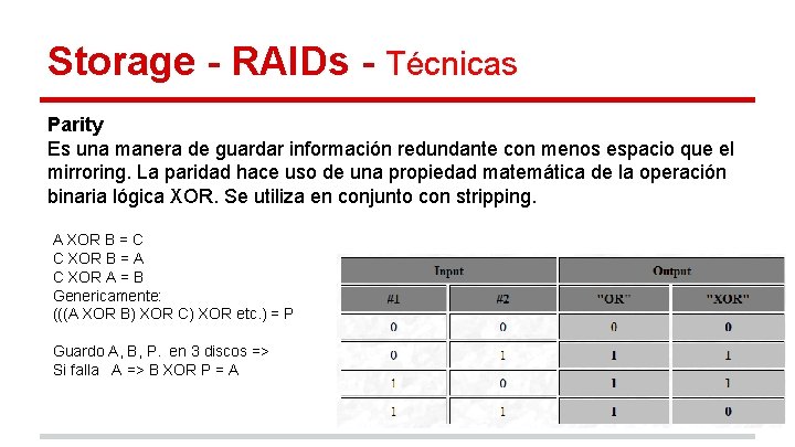 Storage - RAIDs - Técnicas Parity Es una manera de guardar información redundante con