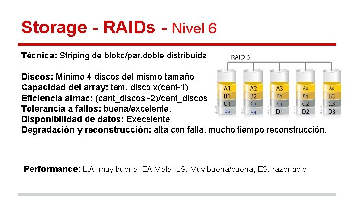 Storage - RAIDs - Nivel 6 Técnica: Striping de blokc/par. doble distribuida Discos: Mínimo