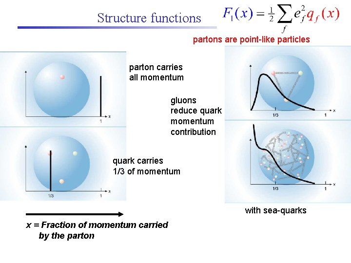 Structure functions partons are point-like particles parton carries all momentum gluons reduce quark momentum