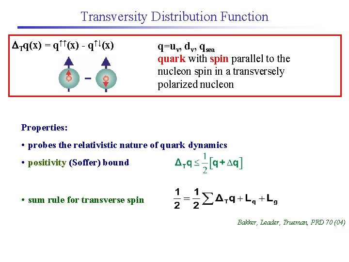 Transversity Distribution Function DTq(x) = q↑↑(x) - q↑↓(x) q=uv, dv, qsea quark with spin