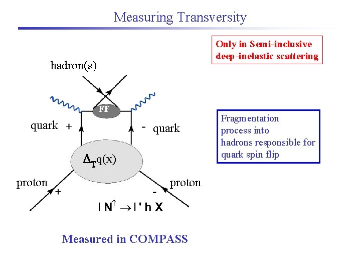 Measuring Transversity Only in Semi-inclusive deep-inelastic scattering hadron(s) FF quark DTq(x) proton Measured in