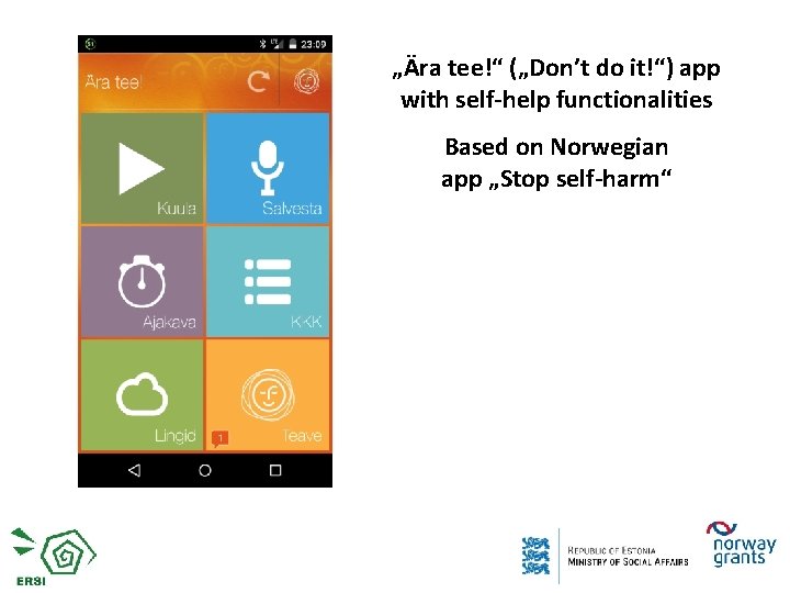 „Ära tee!“ („Don’t do it!“) app with self-help functionalities Based on Norwegian app „Stop