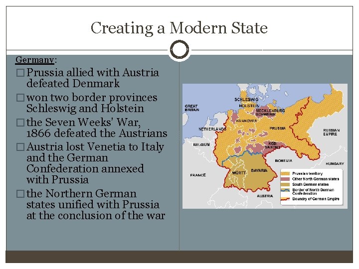 Creating a Modern State Germany: � Prussia allied with Austria defeated Denmark � won