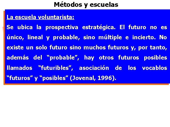 Métodos y escuelas La escuela voluntarista: Se ubica la prospectiva estratégica. El futuro no