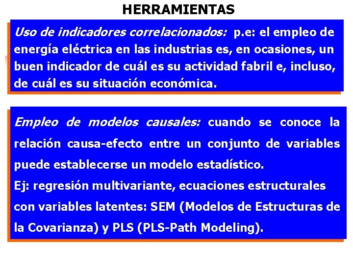 HERRAMIENTAS Uso de indicadores correlacionados: p. e: el empleo de energía eléctrica en las