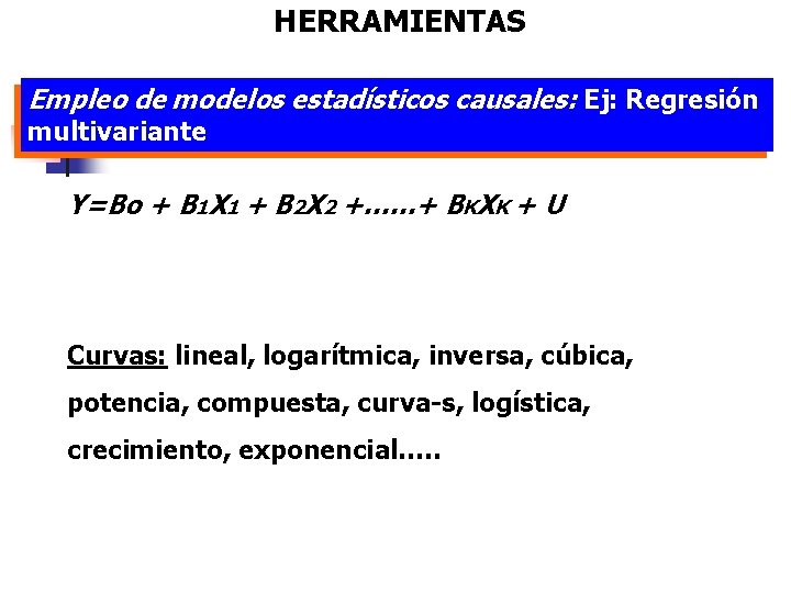 HERRAMIENTAS Empleo de modelos estadísticos causales: Ej: Regresión multivariante Y=Bo + B 1 X