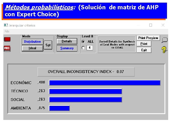 Métodos probabilísticos: (Solución de matriz de AHP con Expert Choice) 