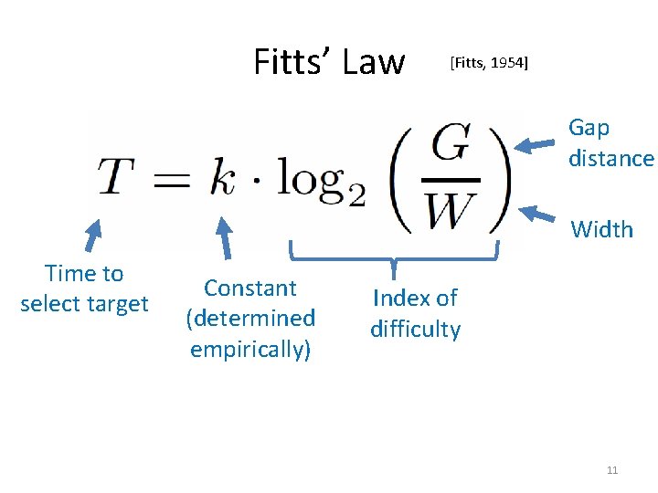 Fitts’ Law [Fitts, 1954] Gap distance Width Time to select target Constant (determined empirically)