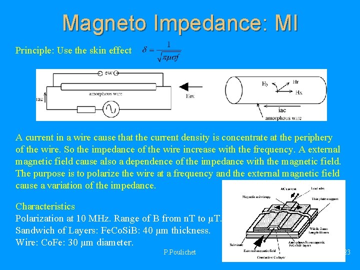 Magneto Impedance: MI Principle: Use the skin effect A current in a wire cause