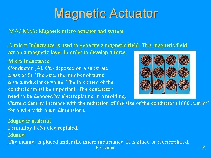 Magnetic Actuator MAGMAS: Magnetic micro actuator and system A micro Inductance is used to