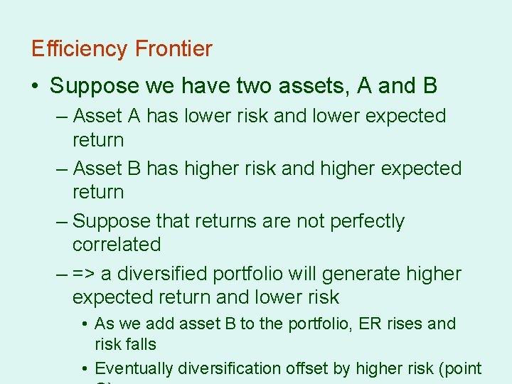 Efficiency Frontier • Suppose we have two assets, A and B – Asset A
