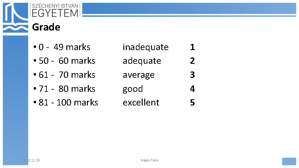 Grade • 0 - 49 marks • 50 - 60 marks • 61 -