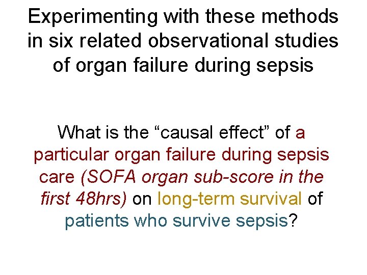 Experimenting with these methods in six related observational studies of organ failure during sepsis