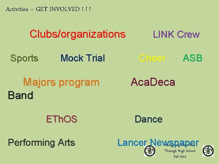 Activities – GET INVOLVED ! ! ! Clubs/organizations Sports Mock Trial Majors program Band