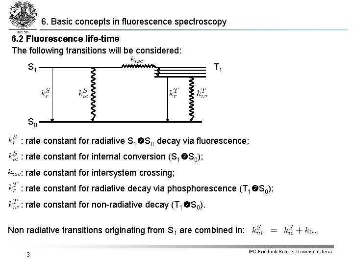 6. Basic concepts in fluorescence spectroscopy 6. 2 Fluorescence life-time The following transitions will