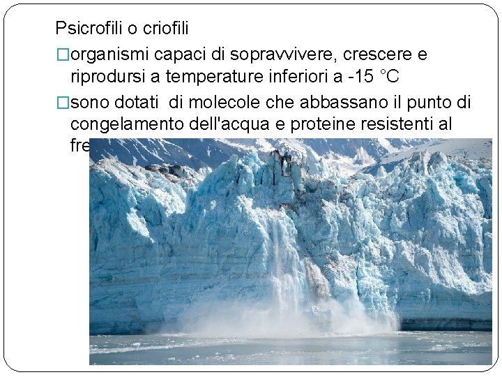 Psicrofili o criofili �organismi capaci di sopravvivere, crescere e riprodursi a temperature inferiori a