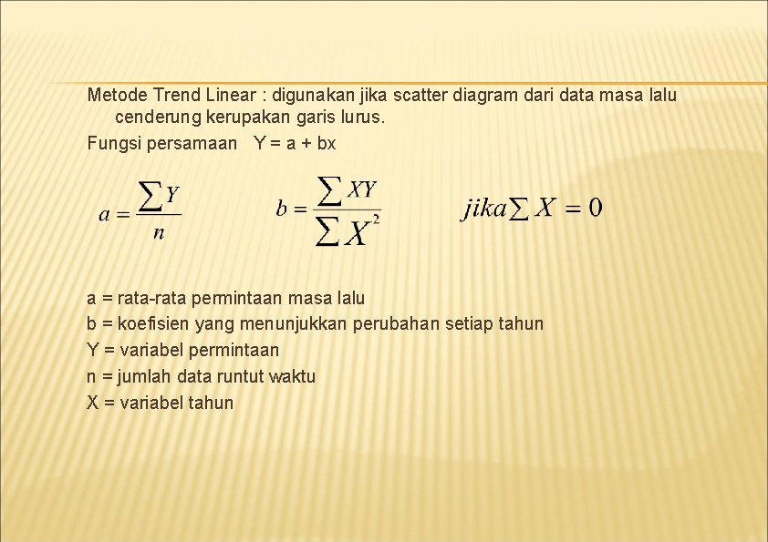 Metode Trend Linear : digunakan jika scatter diagram dari data masa lalu cenderung kerupakan Metode Trend Linear : digunakan jika scatter diagram dari data masa lalu cenderung kerupakan