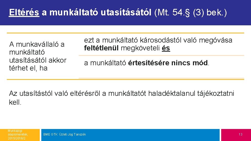 Eltérés a munkáltató utasításától (Mt. 54. § (3) bek. ) A munkavállaló a munkáltató