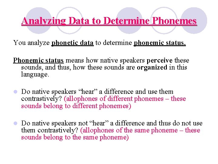 Analyzing Data to Determine Phonemes You analyze phonetic data to determine phonemic status. Phonemic