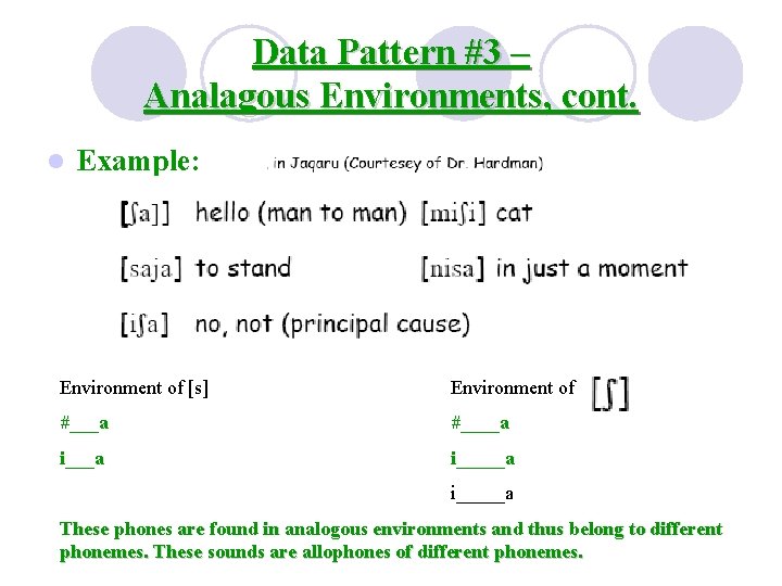 Data Pattern #3 – Analagous Environments, cont. l Example: Environment of [s] Environment of