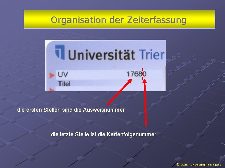 Organisation der Zeiterfassung die ersten Stellen sind die Ausweisnummer die letzte Stelle ist die