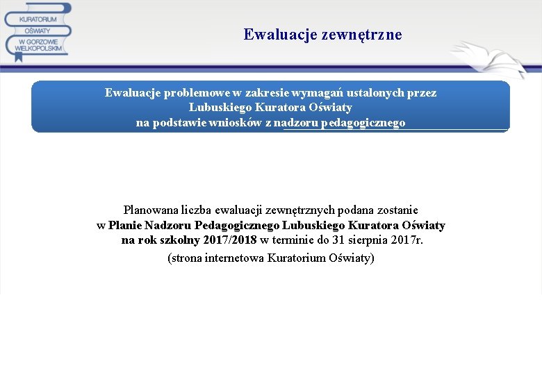  Ewaluacje zewnętrzne Ewaluacje problemowe w zakresie wymagań ustalonych przez Lubuskiego Kuratora Oświaty na