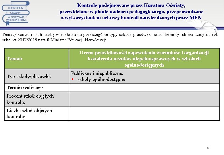 Kontrole podejmowane przez Kuratora Oświaty, przewidziane w planie nadzoru pedagogicznego, przeprowadzane z wykorzystaniem arkuszy