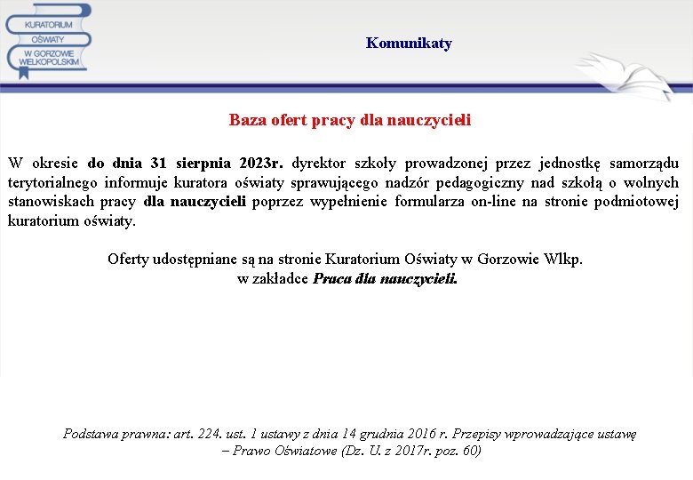 Komunikaty Baza ofert pracy dla nauczycieli W okresie do dnia 31 sierpnia 2023 r.