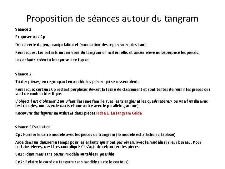 Proposition de séances autour du tangram Séance 1 Proposée aux Cp Découverte du jeu,