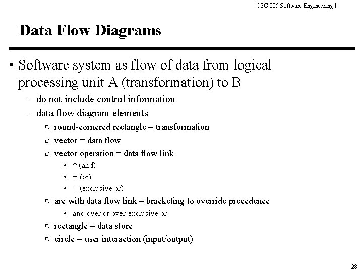 CSC 205 Software Engineering I Data Flow Diagrams • Software system as flow of