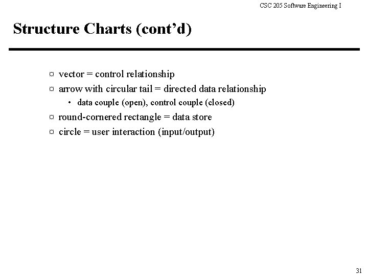 CSC 205 Software Engineering I Structure Charts (cont’d) ¤ vector = control relationship ¤