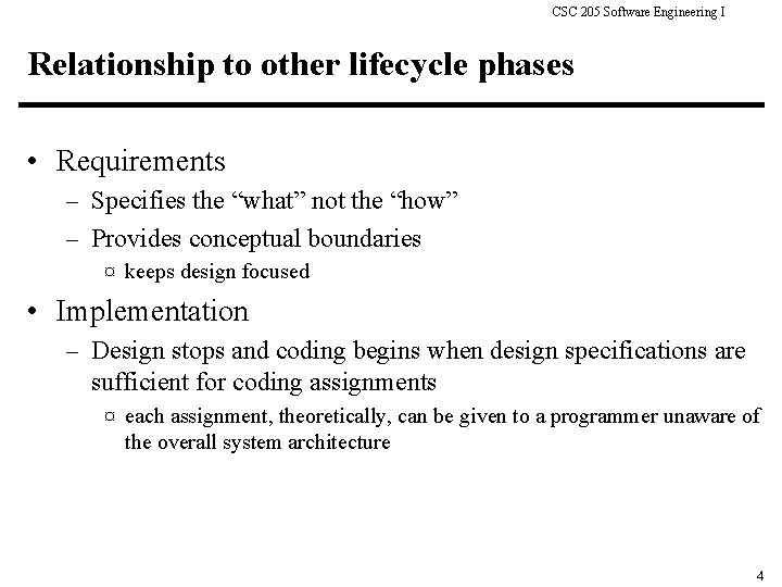 CSC 205 Software Engineering I Relationship to other lifecycle phases • Requirements – Specifies