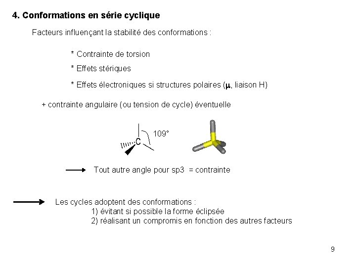 4. Conformations en série cyclique Facteurs influençant la stabilité des conformations : * Contrainte