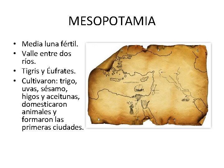 MESOPOTAMIA • Media luna fértil. • Valle entre dos ríos. • Tigris y Éufrates.