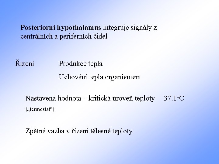 Posteriorní hypothalamus integruje signály z centrálních a periferních čidel Řízení Produkce tepla Uchování tepla