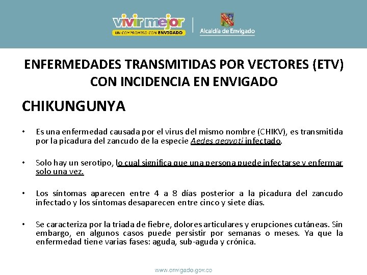 ENFERMEDADES TRANSMITIDAS POR VECTORES (ETV) CON INCIDENCIA EN ENVIGADO CHIKUNGUNYA • Es una enfermedad ENFERMEDADES TRANSMITIDAS POR VECTORES (ETV) CON INCIDENCIA EN ENVIGADO CHIKUNGUNYA • Es una enfermedad