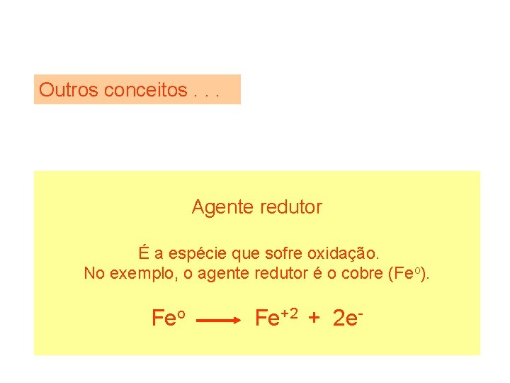 Outros conceitos. . . Agente redutor É a espécie que sofre oxidação. No exemplo,