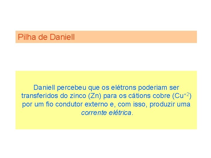 Pilha de Daniell percebeu que os elétrons poderiam ser transferidos do zinco (Zn) para