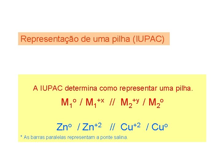 Representação de uma pilha (IUPAC) A IUPAC determina como representar uma pilha. M 1