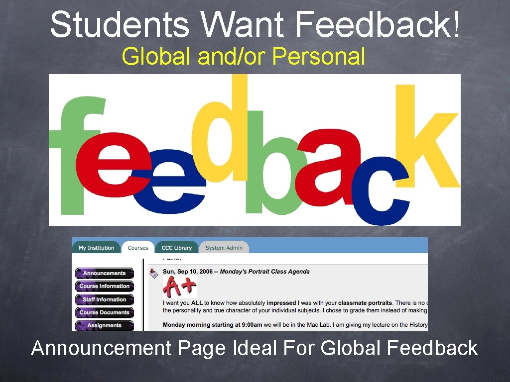 Students Want Feedback! Global and/or Personal Announcement Page Ideal For Global Feedback 