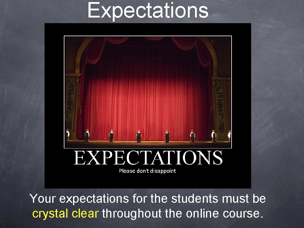 Expectations Your expectations for the students must be crystal clear throughout the online course.