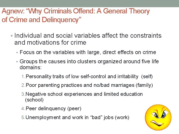 Agnew: “Why Criminals Offend: A General Theory of Crime and Delinquency” • Individual and