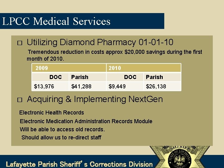 LPCC Medical Services � Utilizing Diamond Pharmacy 01 -01 -10 Tremendous reduction in costs