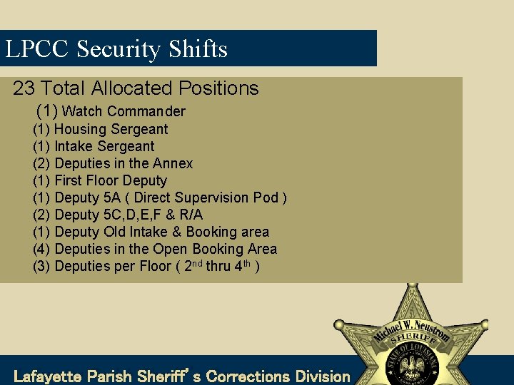 LPCC Security Shifts 23 Total Allocated Positions (1) Watch Commander (1) Housing Sergeant (1)