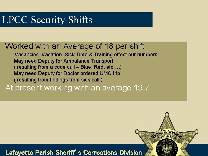 LPCC Security Shifts Worked with an Average of 18 per shift Vacancies, Vacation, Sick