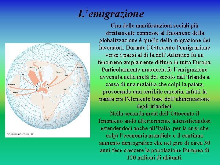 L’emigrazione Una delle manifestazioni sociali più strettamente connesse al fenomeno della globalizzazione è quello