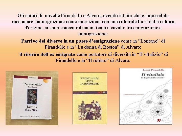 Gli autori di novelle Pirandello e Alvaro, avendo intuito che è impossibile raccontare l'immigrazione