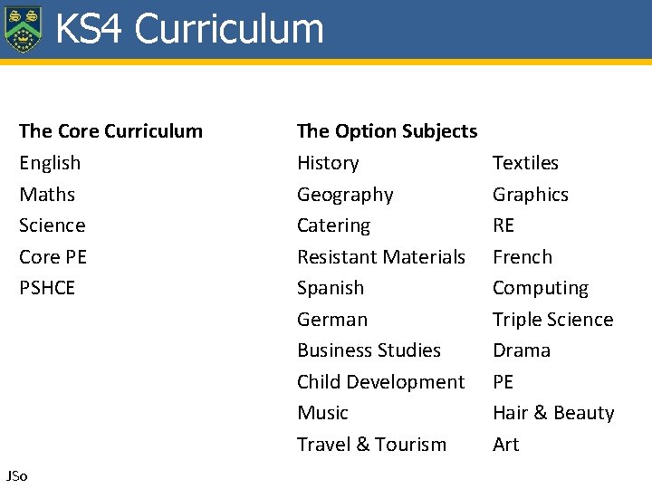 KS 4 Curriculum The Core Curriculum English Maths Science Core PE PSHCE JSo The