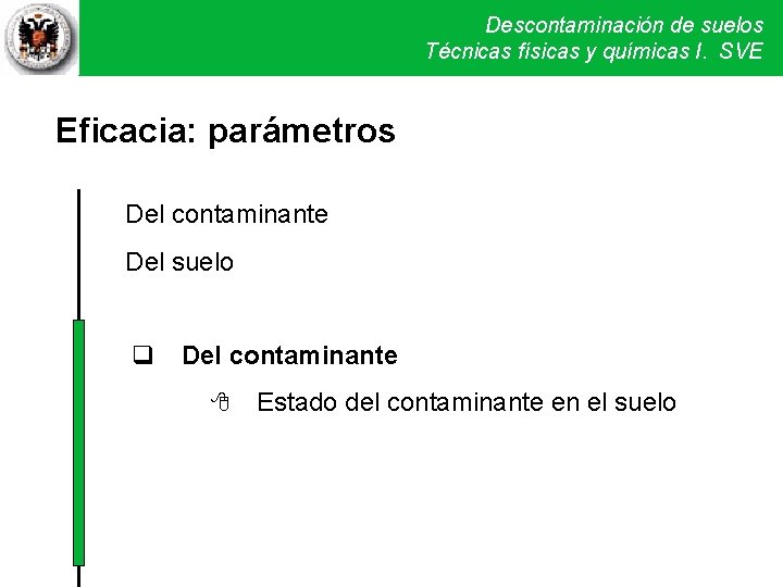 Descontaminación de suelos Técnicas físicas y químicas I. SVE Eficacia: parámetros Del contaminante Del Descontaminación de suelos Técnicas físicas y químicas I. SVE Eficacia: parámetros Del contaminante Del