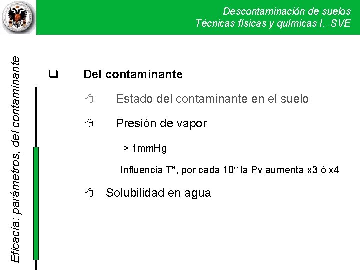 Eficacia: parámetros, del contaminante Descontaminación de suelos Técnicas físicas y químicas I. SVE Del Eficacia: parámetros, del contaminante Descontaminación de suelos Técnicas físicas y químicas I. SVE Del